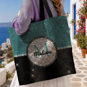 Chic faux Silber Glitter Türkis Schwarz Monogramm