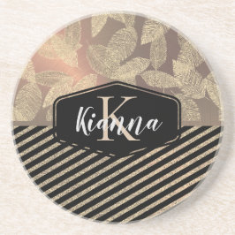 Chic Feathers with Gold Stripes Monogram Getränkeuntersetzer