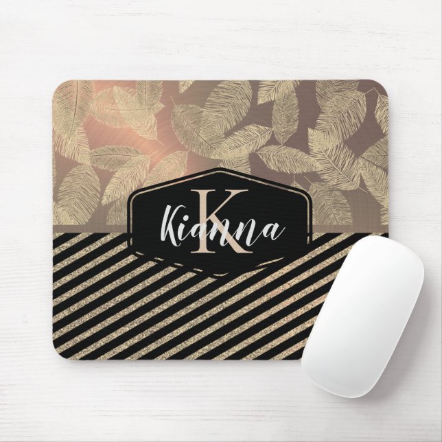 Chic Feathers with Gold Stripes Monogram Mousepad (Mit Mouse)