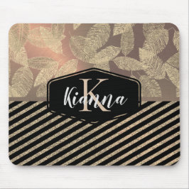 Chic Feathers with Gold Stripes Monogram Mousepad