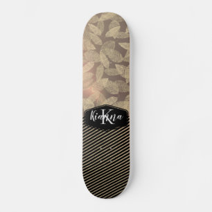 Chic Feathers with Gold Stripes Monogram Skateboard