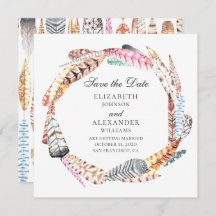 Chic Federn schworen. Boho Hochzeit speichern Sie 