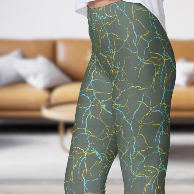 Chic Feldgrau und Blau-Gelb-Frakturmuster Leggings (Chic Feldgrau and Blue Yellow Fracture Pattern Leggings
)