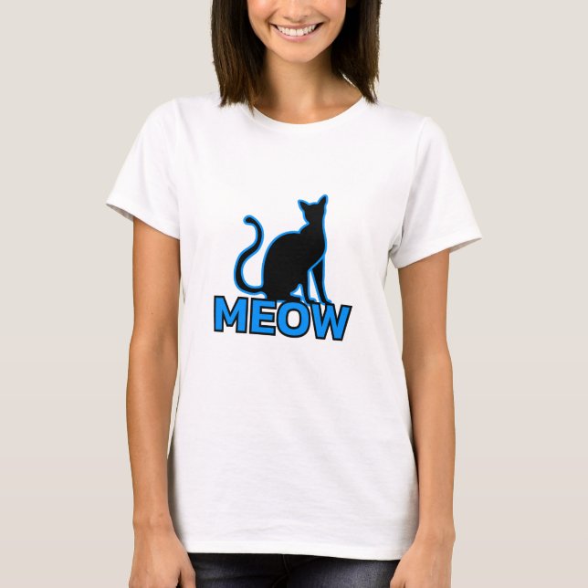 Chic Feline Charm - Blue "MEOW" Cat Silhouette T-Shirt (Vorderseite)