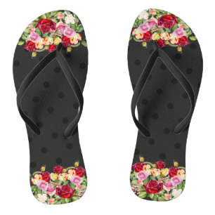 Chic Feminine Black Polka Punkte und Rose Flip Flops
