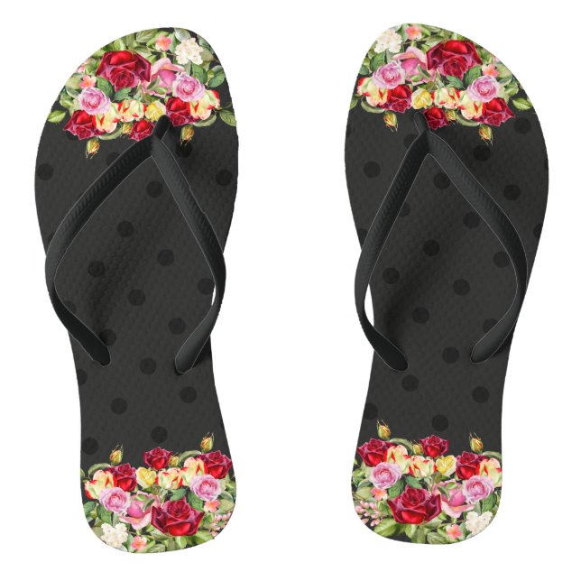 Chic Feminine Black Polka Punkte und Rose Flip Flops (Fußbett)