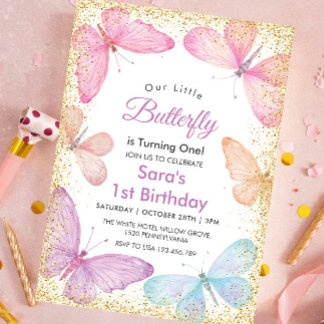 Chic First 1. Geburtstag Glitzer Farbenfrohe Butte Einladung