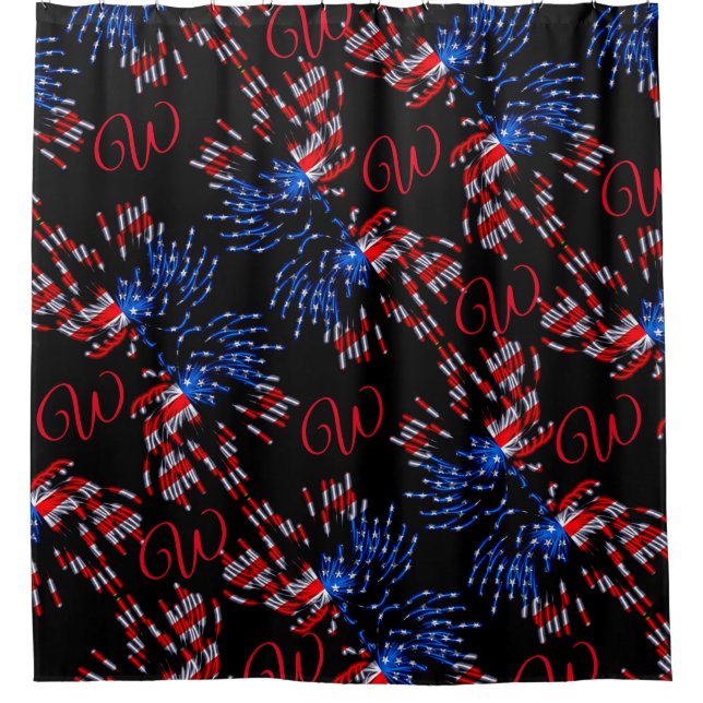 Chic Flag Fireworks Red Monogram Showvorhang Duschvorhang (Vorderseite)