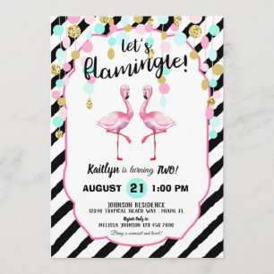 Chic Flamingo Stripe und Confetti Geburtstag Einladung
