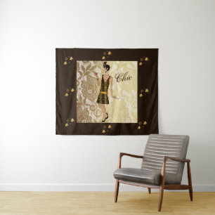 Chic Flapper Lady Goldene Blumenstickerei & Braun Wandteppich
