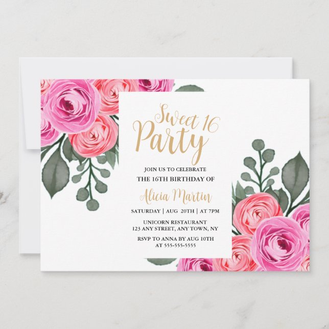 Chic Flora Dusty Pink Rose Gold Sweet 16 Party Einladung (Vorderseite)