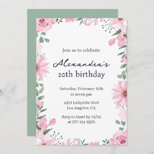 Chic Floral 20. Geburtstag Einladungen Pink Green