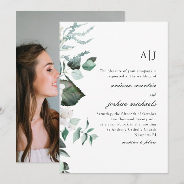 Chic Floral and Greenery Monogram Foto Wedding in Einladung (Vorne/Hinten)