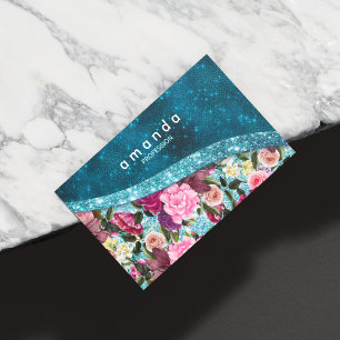 Chic floral aqua blue burgundy Glitzer monogram Magnetische Visitenkarte