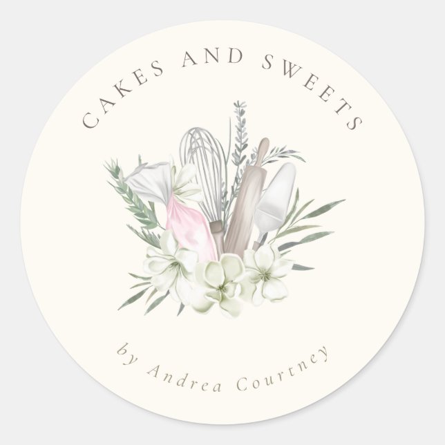 Chic Floral Bäckerei Konditorei Koch Backgeschirr  Runder Aufkleber (Vorderseite)