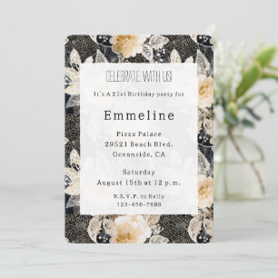 Chic Floral Black Cream Leopard Tier Geburtstag Einladung