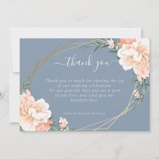 Chic Floral Blush Peach Gold Dusty Blue Wedding Dankeskarte (Vorderseite)