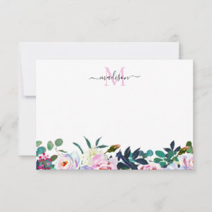 Chic Floral Blush Pink Botanic Monogram Mitteilungskarte