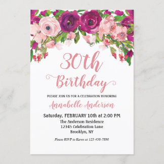 Chic Floral Blush Pink Lila Wasserfarbe Geburtstag Einladung