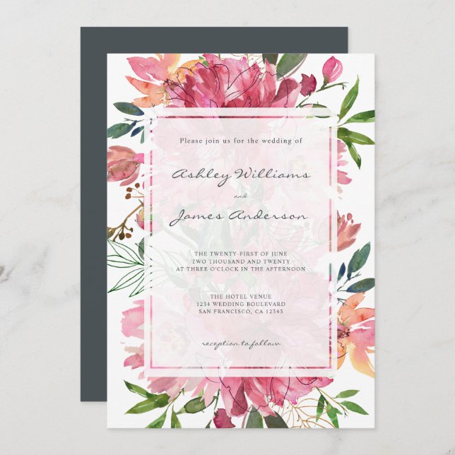 Chic Floral Botanical Boho Pink Peony Wedding Einladung (Vorne/Hinten)