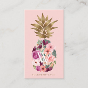 Chic Floral Botanical Watercolor Golden Pineapa Visitenkarte
