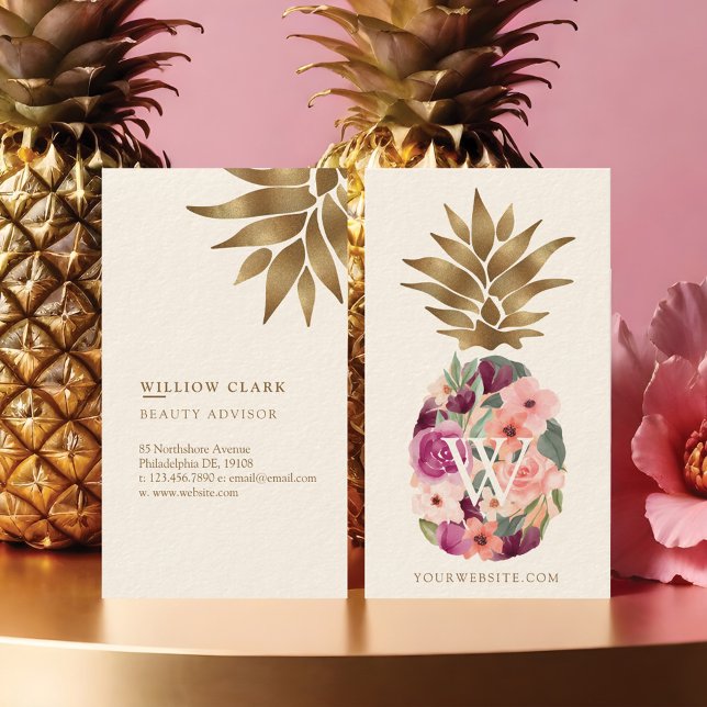 Chic Floral Botanical Watercolor Golden Pineapa Visitenkarte (Chic Floral Botanical Watercolor Golden Pineapple Business Card)