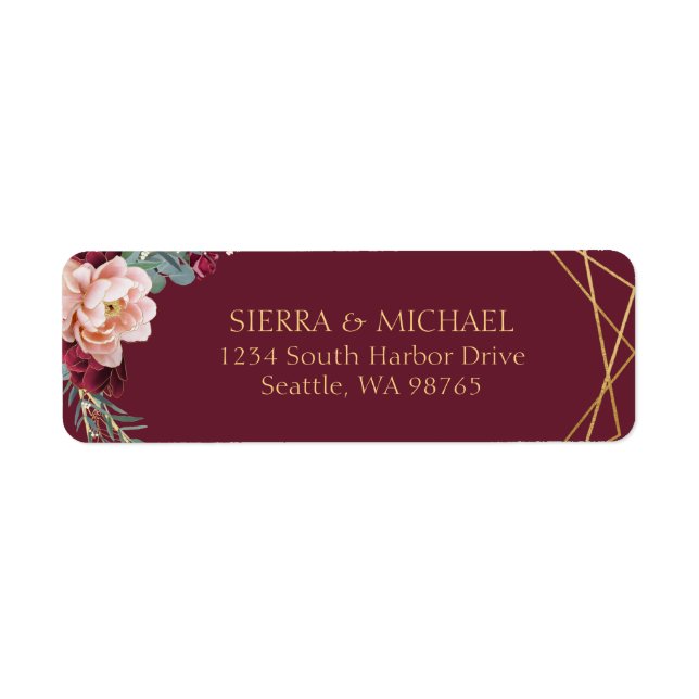 Chic Floral Burgundy Gold Wedding Rücksendeadresse (Vorne)