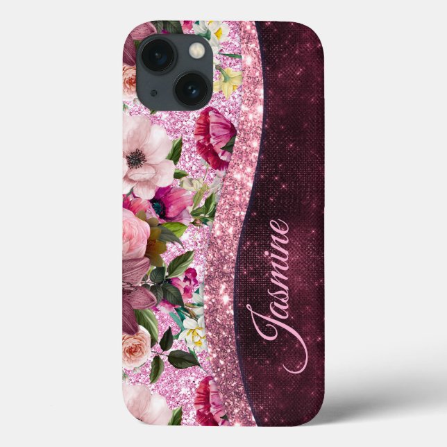 Chic floral Burgundy rosa lila Glitzer Monogramm Case-Mate iPhone Hülle (Rückseite)