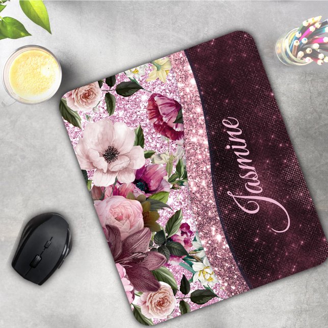 Chic floral Burgundy rosa lila Glitzer Monogramm Mousepad (Von Creator hochgeladen)