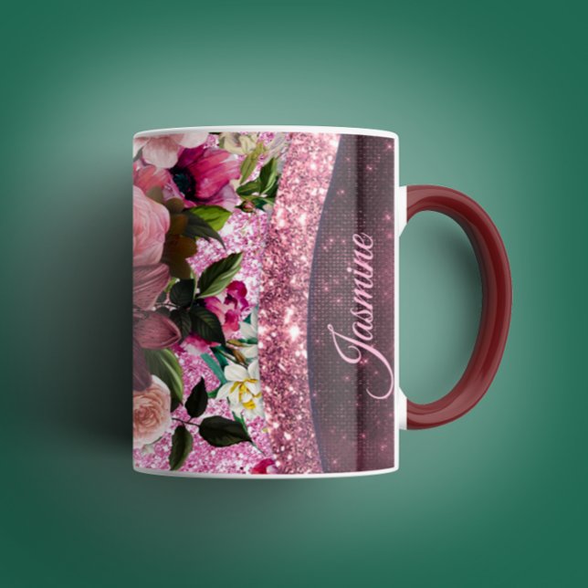 Chic floral Burgundy rosa lila Glitzer Monogramm Tasse (Von Creator hochgeladen)
