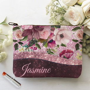 Chic floral Burgundy rosa lila Glitzer Monogramm Zubehörtasche