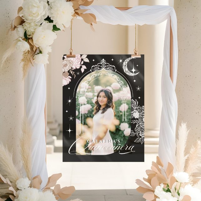 Chic Floral Celestial Moon Stars Photo Quinceanera Acrylschild (Chic Floral Celestial Moon Stars Photo Quinceanera Acrylic Sign)