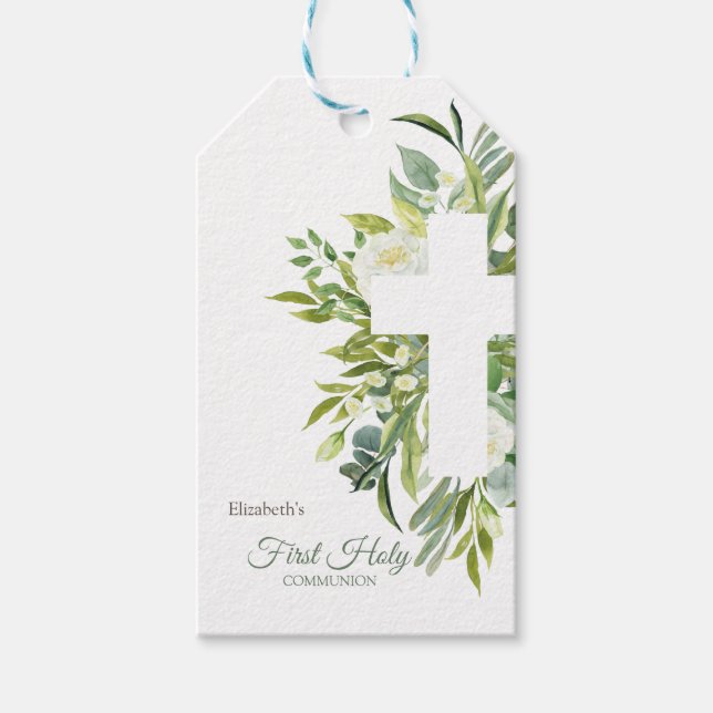 Chic Floral Cross Blätter Erste Heilige Kommune Geschenkanhänger (Vorderseite)