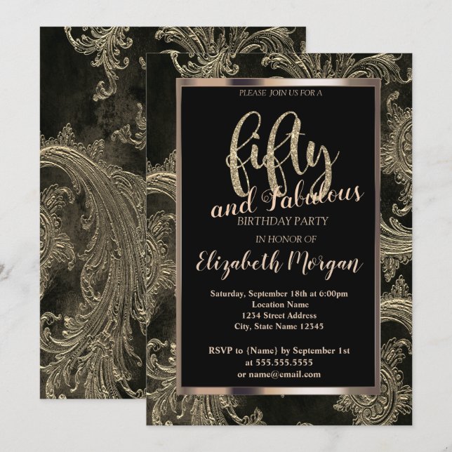 Chic Floral Damask Frame 50. Geburtstag Einladung (Vorne/Hinten)