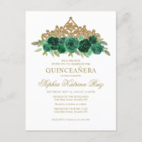 Chic Floral Emerald Green Gold Tiara Quinceañera