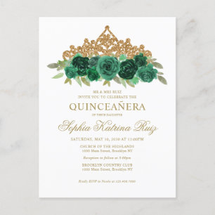 Chic Floral Emerald Green Gold Tiara Quinceañera Postkarte