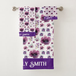 chic floral foliage purple blooming flowers badhandtuch set