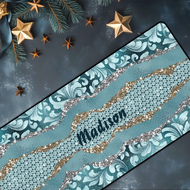 Chic floral glittergold Türkis aquamarines Monogra Schreibtischunterlage (Von Creator hochgeladen)