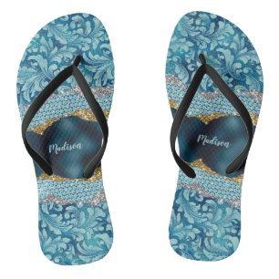 Chic floral glitterte Aquamarin Türkis Goldmonogra Flip Flops