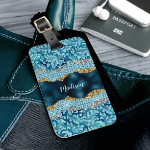 Chic floral glitterte Aquamarin Türkis Goldmonogra Gepäckanhänger