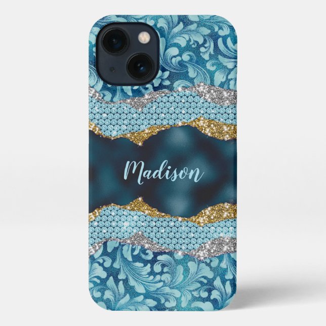 Chic floral glitterte Aquamarin Türkis Goldmonogra iPhone Hülle (Rückseite)