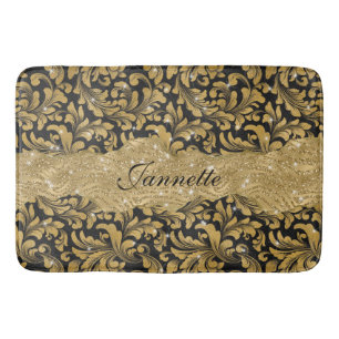 Chic Floral glitterte Imitate Black Gold Monogram Badematte