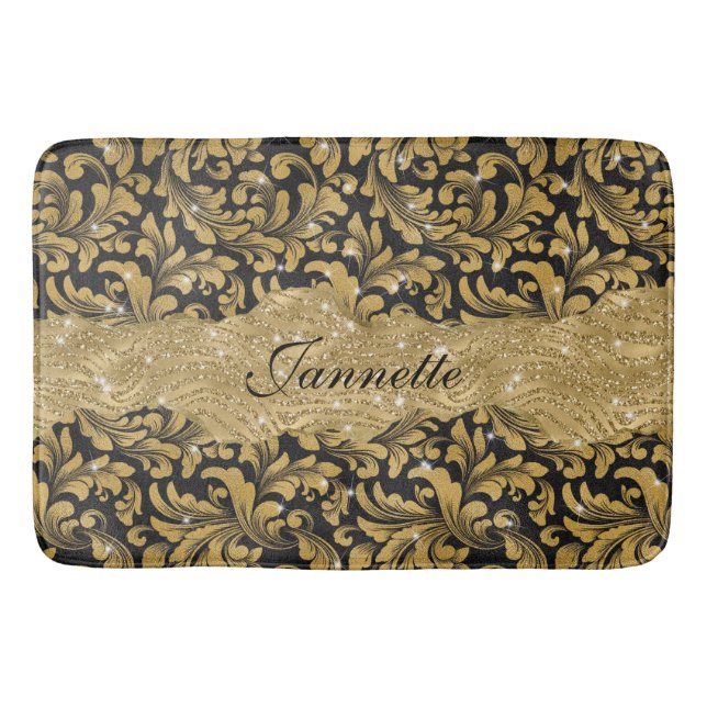 Chic Floral glitterte Imitate Black Gold Monogram Badematte (Vorderseite)
