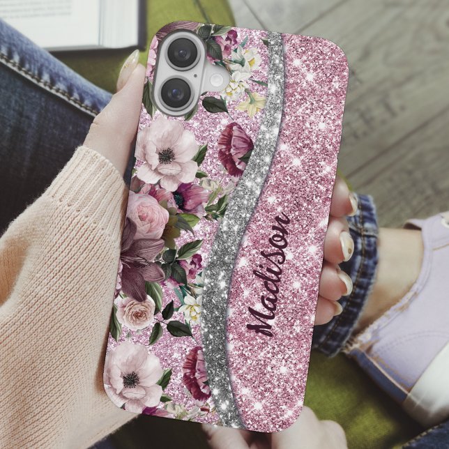 Chic floral glitterte Lila rosa silberne Monogramm Case-Mate iPhone Hülle (Von Creator hochgeladen)