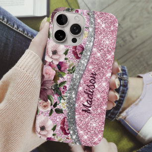 Chic floral glitterte Lila rosa silberne Monogramm iPhone 16 Pro Hülle