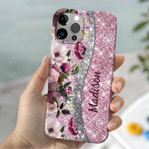 Chic floral glitterte Lila rosa silberne Monogramm Case-Mate iPhone 14 Hülle