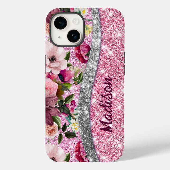 Chic floral glitterte Lila rosa silberne Monogramm Case-Mate iPhone Hülle (Rückseite)