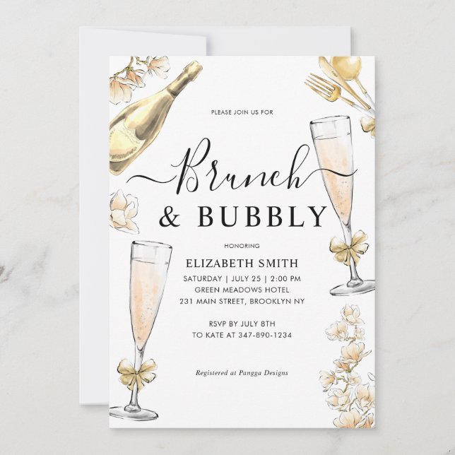 Chic Floral Gold Brunch und Bubbly Brautparty Einladung (Vorderseite)