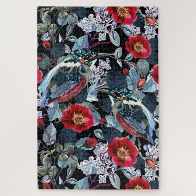 Chic Floral Kingfisher Birds Puzzle (Vertikal)
