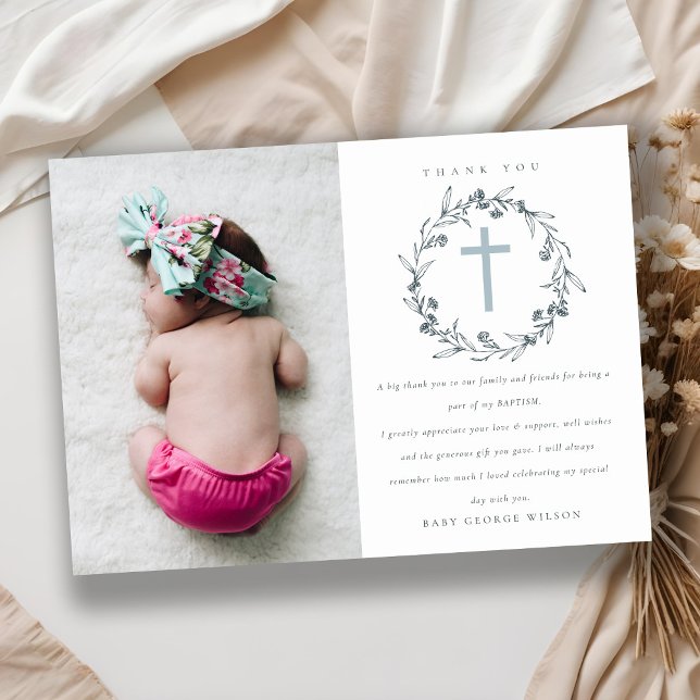 Chic Floral Laurel Wreath Dusky Blue Gray Taufe Dankeskarte (Von Creator hochgeladen)